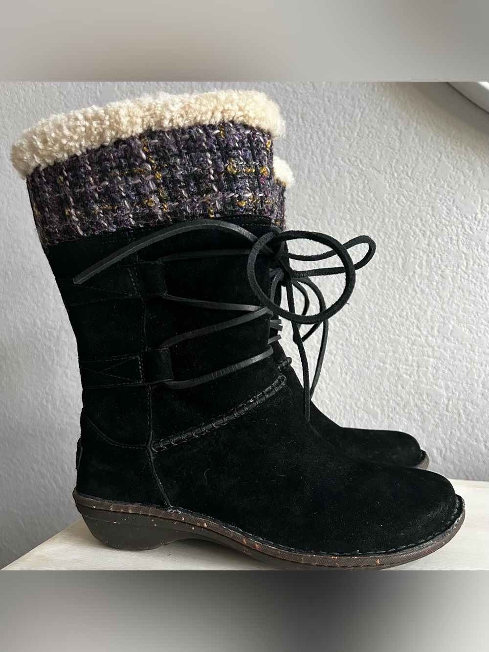 UGG Tanasa Black Suede Lace-Up Shearling Cuff Boots with Tweed Knit, Womens 7.